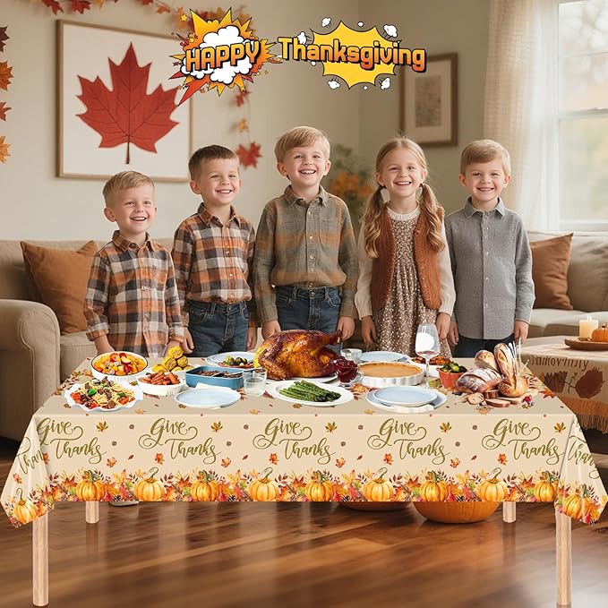 3 Pcs Thanksgiving Tablecloth Disposable - Fall Give Thanks Table cloth, Rectangle Plastic Maple Leaf Pumpkin Table Cover for Fall Harvest Thanksgiving Party Decorations Supplies Favors, 54x108 Inch