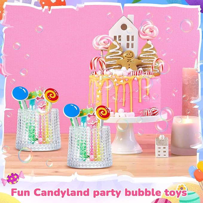 Leyndo 24 Pcs Candy Bubbles Wands Bulk Candy Themed Party Favors Mini Wands Lollipop Bubbles for Candy Party Favor Game Toys for Gift Bag Stuffers