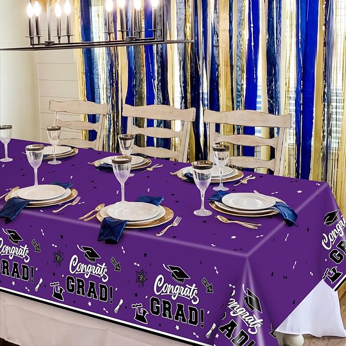 2-Piece 54 x 108 Inch Graduation Plastic Tablecloth – Graduation Disposable Rectangle Table Covers with “Congrats Grad” Design for Class of 2026 Party, School and Home Decorations