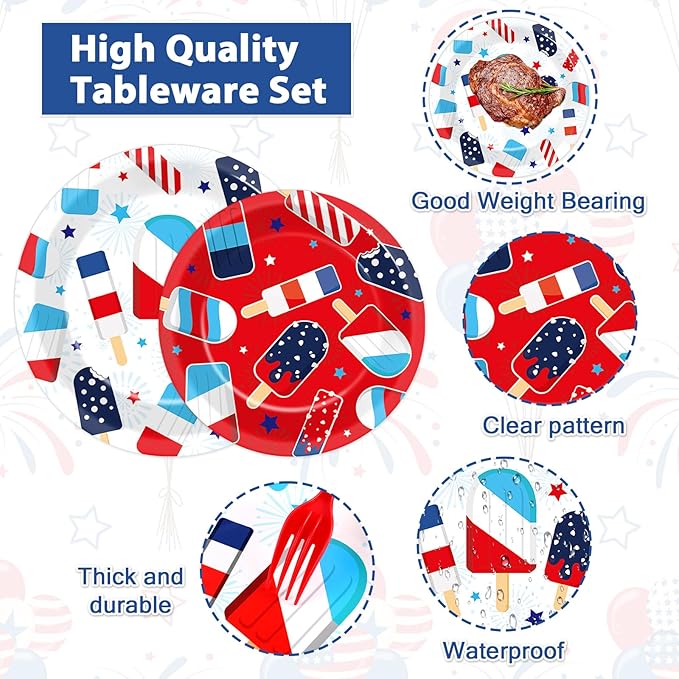 96 Pcs Patriotic Party Plates Napkins Tableware Set Summer Ice Pop Supplies Disposable Dinnerware 4th of July Theme Popsicle Decoration Favors for American Independence Day Memorial Day, 24 Guests