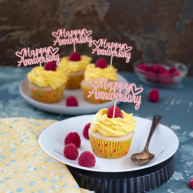 Gyufise 24Pcs Glitter Happy Anniversary Cupcake Toppers Anniversary Party Supplies Cake Decoration Wedding Celebration Party Decoration Supplies Pink