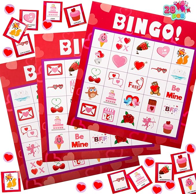 JOYIN Valentines Day Bingo Game Cards (5x5) – 28 Players for Kids Party Gift, School Classroom Love Supplies, Family Entertainment Activities