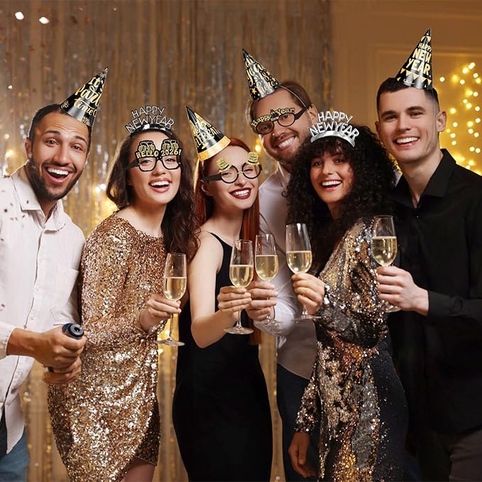 New Years Eve Party Supplies 2026 48 PCS Happy New Years Decoration Hats Glasses Headband for 2026 Party Props Festival Decorations Count Down NYE Party Supplies Favors (Black-2)