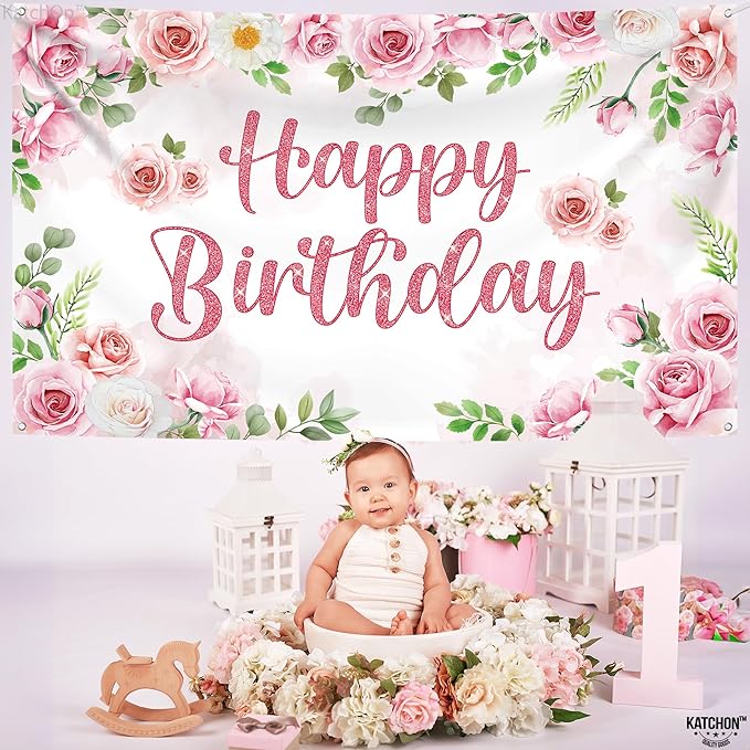 KatchOn, XtraLarge Pink Happy Birthday Banner - 72x44 Inch | Birthday Decorations for Girls, Women | Pink Glitter Backdrop for Floral Party Decorations