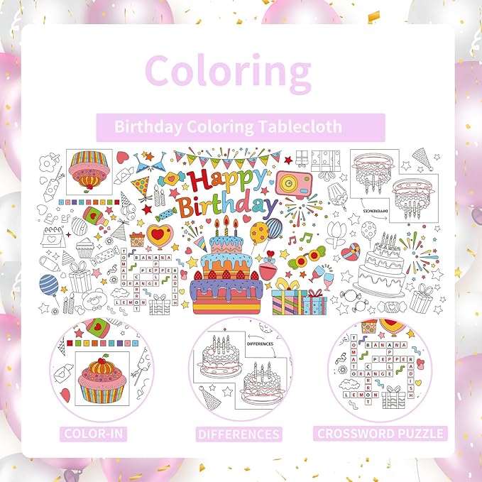 30x72 Inches Happy Birthday Giant Coloring Poster, Drawing Paper Coloring Tablecloth, Birthday Activity Poster/Table Cover, Party and Special Events Decoration, Party Games for Kids