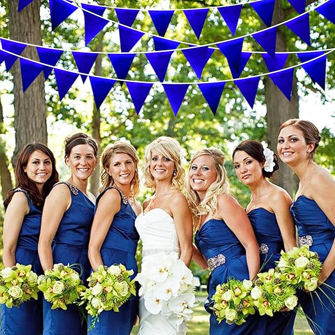 Royal Blue Triangle Pennant Banner Flag - Dark Blue Metallic Fabric Bunting Garland for Graduation, Wedding, Retirement, Bridal Shower, Birthday, Nautical Parties
