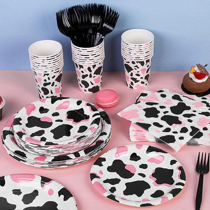 durony 144 Pieces Pink Cow Print Party Tableware Set Including Cowgirl Pink Cow Party Plates Cups Napkins Forks Serves 24 for Baby Shower Farm Cow Party Decorations