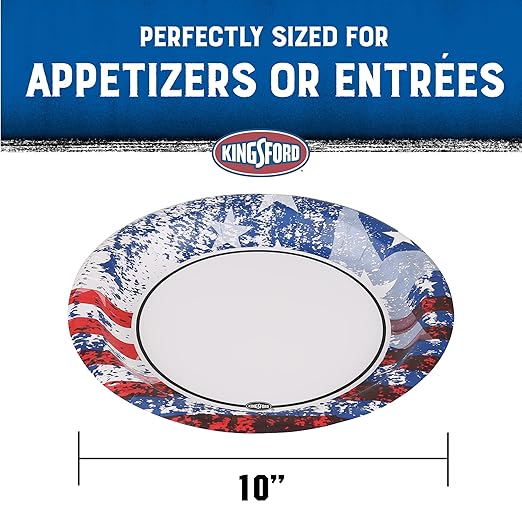 Kingsford Heavy Duty Paper Plates, Patriotic American Flag Disposable Dinner Plates for BBQ Parties, Tailgates, and Outdoor Cookouts, Durable Party Tableware, 10 Inch, 35 Count