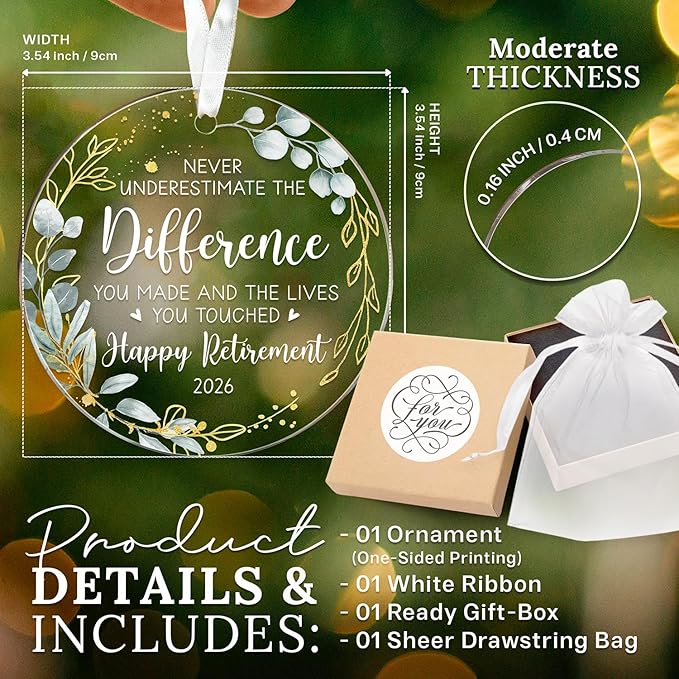 HEXMOZ Retirement Gift for Woman - Retirement Gifts for Women, Men 2026 - Retired Ornament 2026 - Retired Gift for Coworker, Boss, Employee, Teacher, Nurse, Woman, Man - Acrylic Christmas Ornament