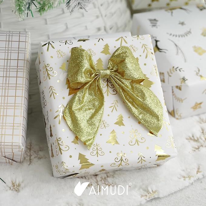 AIMUDI Gold Glitter Wired Ribbon Bows with Twist Tie 5.5" Premade Metallic Christmas Bows for Gift Wrapping, Wreath, Garland, Holiday Crafts Party Home Outdoor Christmas Tree Decorations, 12 PCs
