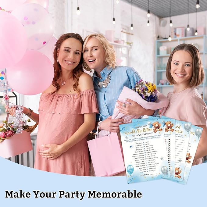 HOMANGA Baby Shower Games for Boy Girl, 4 Fun Games for 25 Guests, Who Knows Mommy Best, Guess Who Mommy or Daddy, Word Scramble, Baby's Descriptions & Well Wishes, Blue Bear Baby Showers Decorations