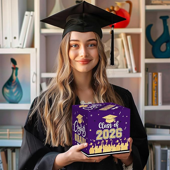 Graduation Card Box 2026 - Congrats Grad Card Boxes Holder, Purple and Gold Class of 2026 Graduation Gift Cards Box for Graduation Party Decorations 2026 Favors Decor Supplies Props,9x 9 x 9 inches