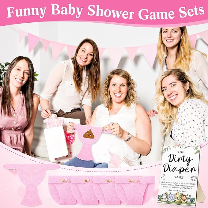 Roowest 51 Pcs Dirty Diaper Baby Shower Games Funny Wooden Sign with 50 Pcs Mini Diapers Cute Felt for Gender Reveal Party Baby Shower(Animals Pink)