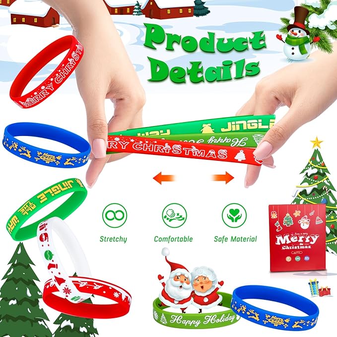 Christmas Rubber Bracelets 30 PCS Bulk Christmas Party Favors Stocking Stuffers for Kids Silicone Wristbands Goodie Bags Stuffers Xmas Toys Student Gifts Party Supplies Decorations Classroom Prizes