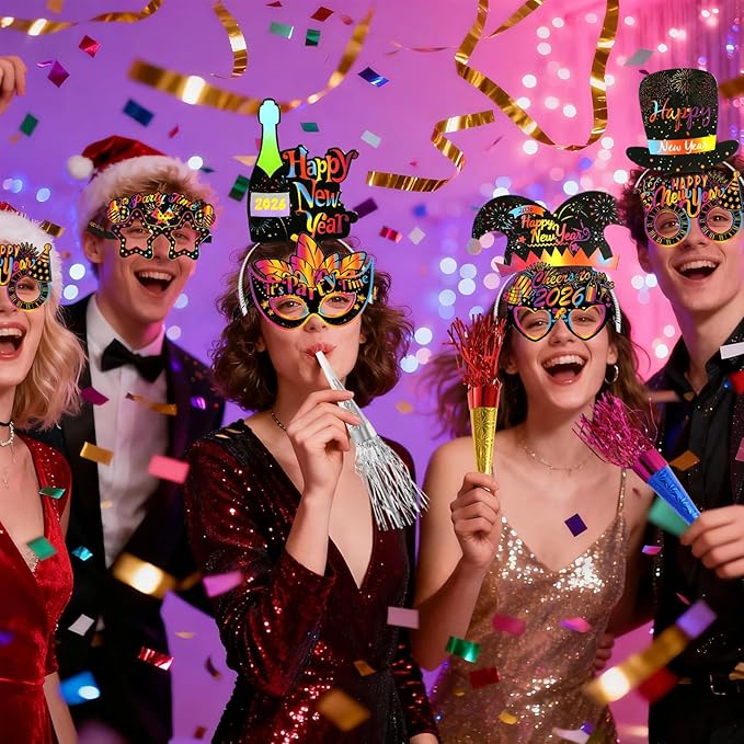 Konsait 40 PCS New Years Eve Party Supplies, Colorful Happy New Years Glasses, New Year Headband, 2026 New Year Noise Makers for Happy New Years Decorations 2026 Kit New Years Eve Party Favors