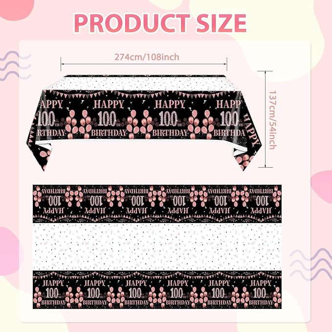 3 PCS Happy 100th Birthday Tablecloth for Women Black and Rose Gold Theme Decorations Plastic Disposable Table Decorations for Women Anniversary Celebration Party Supplies