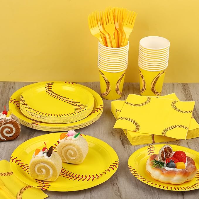 Kochorie 144 Pieces Softball Party Supplies, Sports Tableware Sets Including Disposable Paper Plates Napkins Cups Forks Serves 24 for Birthday Sports Softball Party Decorations