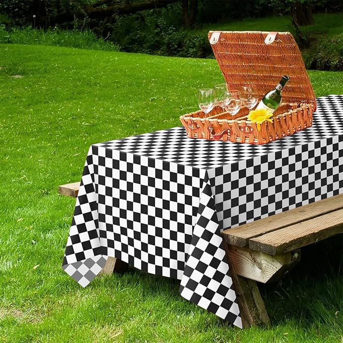 QIKSION Checkered Tablecloth Disposable 12 Pack, 54 x 108 Inch Black and White Checkered Flag Table Cloth for Race Car Decorations, Birthday Party Supplies, Rectangle, Plastic Table Cover