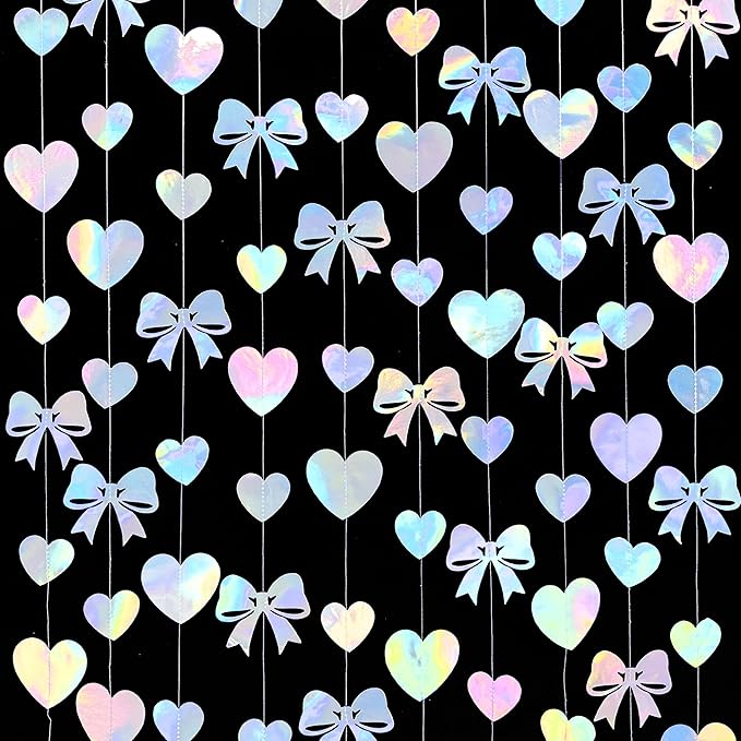 Iridescent Bow Decorations Holographic Paper Heart Bow Hanging Garland Streamer for Coquette Bachelorette Birthday Valentines Wedding Bridal Shower Engagement Anniversary Party Decorations Supplies