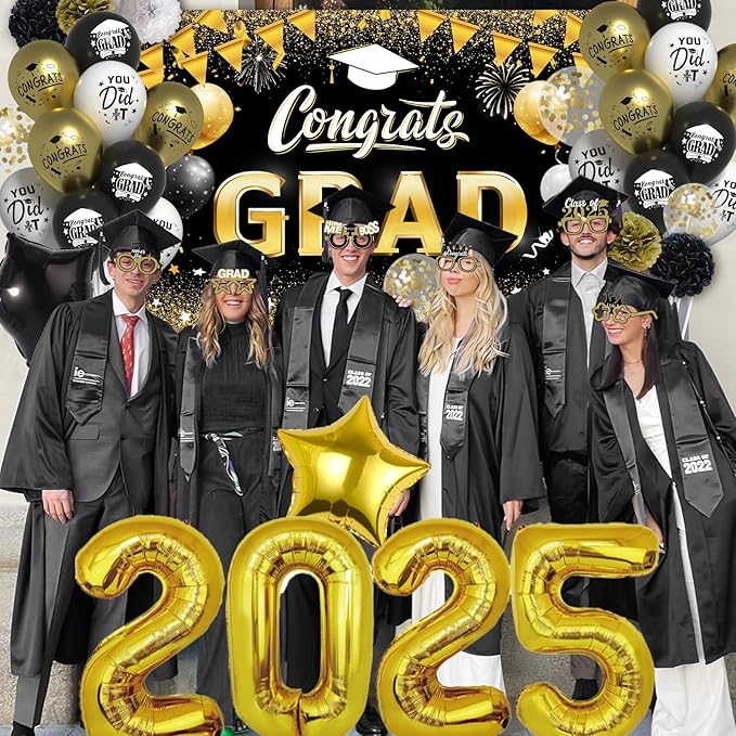 Graduation Party Decorations Black Gold, Graduation Decorations Class of 2025 with Backdrop, Graduations Party Balloons, 2025 Number Balloons, Grad Eyeglasses for Grad Party Supplies 2025