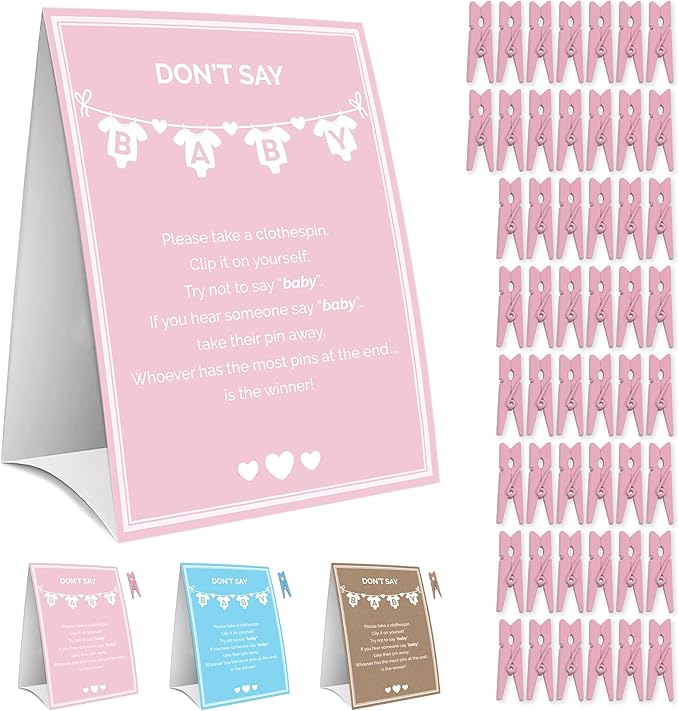 Party Hearty Baby Shower Games for Girl, Don't Say Baby Game,1 Sign and 50 Mini Pink Clothespins, Shower Game Ideas