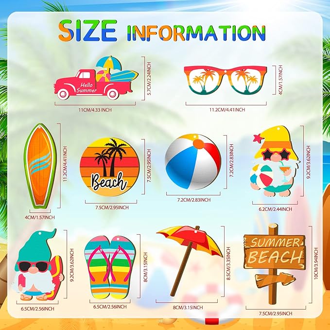 Chunful 30 Pieces Summer Tree Ornaments Christmas in July Wood Hanging Decoration Beach Wooden Slices Winter Tree Ornaments with String for Luau Hawaiian Party Supplies (Beach Style)