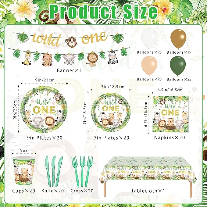 222 PCS Wild One Birthday Decorations, Jungle Safari Baby Shower Decorations Tableware Set with Animal Plates Napkins Cutlery Tablecloth Banner for 20 Guests