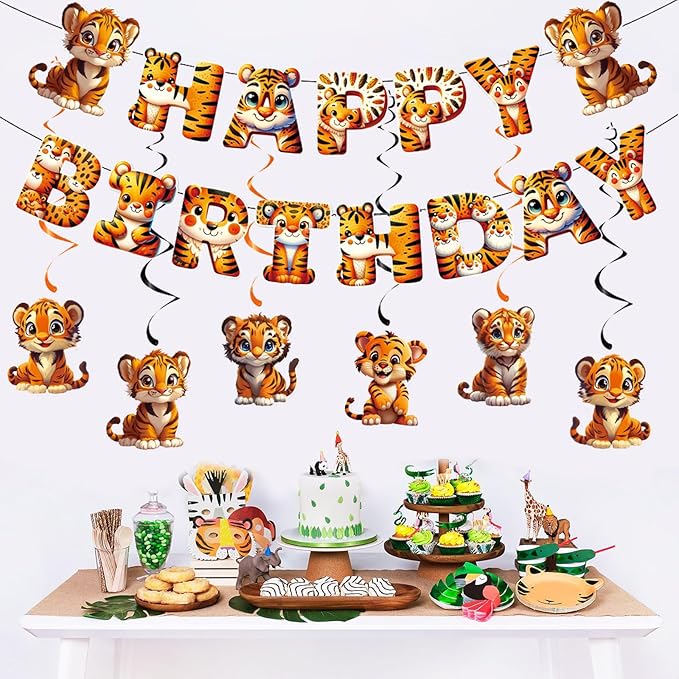 Zwiebeco Tiger Happy Birthday Party Decoration Banner Bunting Garland Hanging Paper Swirls Kit for Safari Wild One Woodland Jungle Theme Baby Shower Accessories Supplies