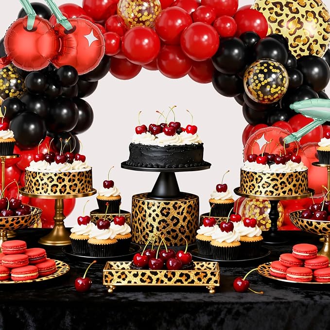 JOGAMS 165Pcs Betty Party Decorations,Cheetah Print Red and Black Party Decorations with Gold Confetti Cherry Cheetah Print Balloons for Bachelorette Birthday Baby Shower Vintage Retro Party