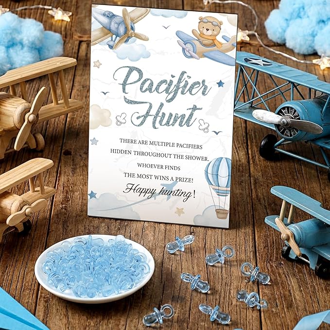 Thyle 51 Pcs Airplane Pacifier Hunt Baby Shower Games Include Hunt Sign and 50 Acrylic Pacifiers for Adventure Await Baby Shower Game Decoration Sets Gender Reveal Newborn Announcement Party Decor