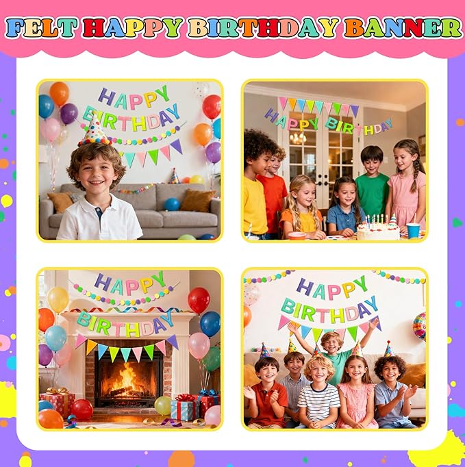 Happy Birthday Banner Decorations - Pre-Strung 3D Felt HAPPY BIRTHDAY Sign for Party Decor | Rainbow Reusable Happy Birthday Garland, Ball, Pennant Flag (2-Macaron)