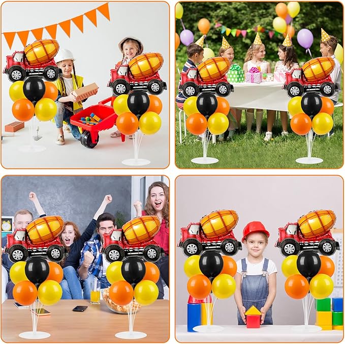 Construction Party Balloons Stand Kit 2 Sets with 2 Construction Truck Foil Balloons Black Orange Yellow Party Balloon Centerpiece for Tables for Boy Girl Excavator Birthday Baby Shower Parties Decor