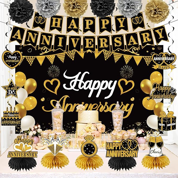 Happy Anniversary Decorations Kit - Black Gold Wedding Party Supplies - Large Banner, Backdrop, Table Centerpieces, Hanging Swirl, Paper Pompoms Decors