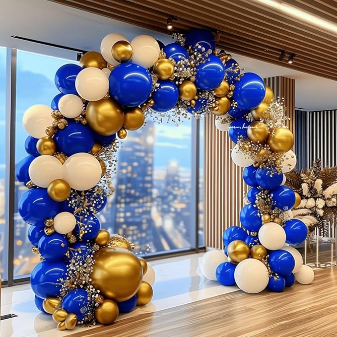Royal Blue and Gold Balloon Garland Arch Kit, 160Pcs Navy Blue White Chrome Gold Latex Balloons for New Year Wedding Birthday Party Decorations