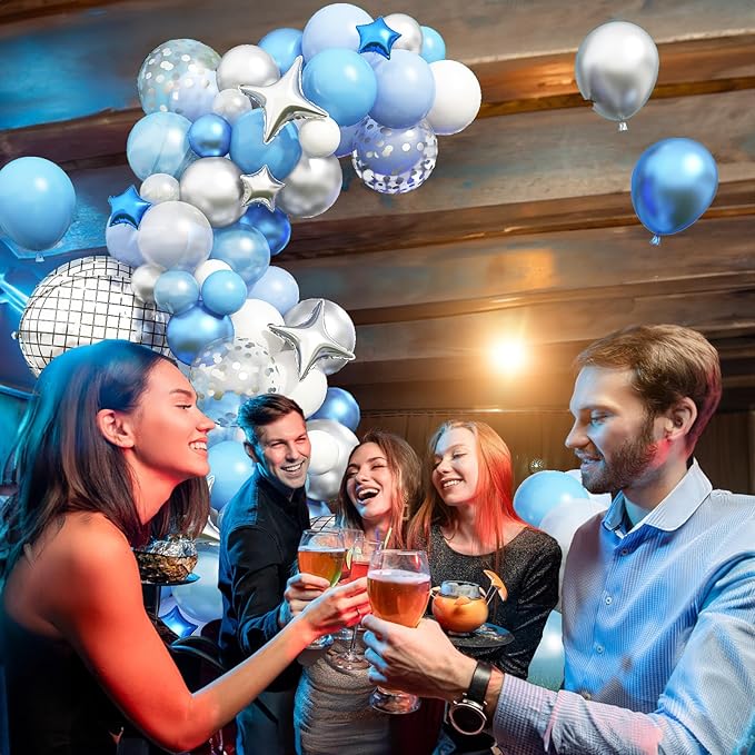 Blue Balloon Arch kit, Blue and White Balloon Garland with 22 Inch Disco Ball Balloons Metallic Silver Star Foil Balloons, Silver Confetti Balloons Metallic Blue Balloon for 80s Disco Party Decoration