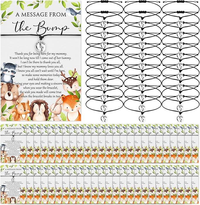 Thyle 50 Set Woodland Baby Shower Favors for Guests Adjustable Bracelets with Message from the Bump Card Footprints Charm Baby Shower Bracelets for Gender Reveal Thank You Gifts