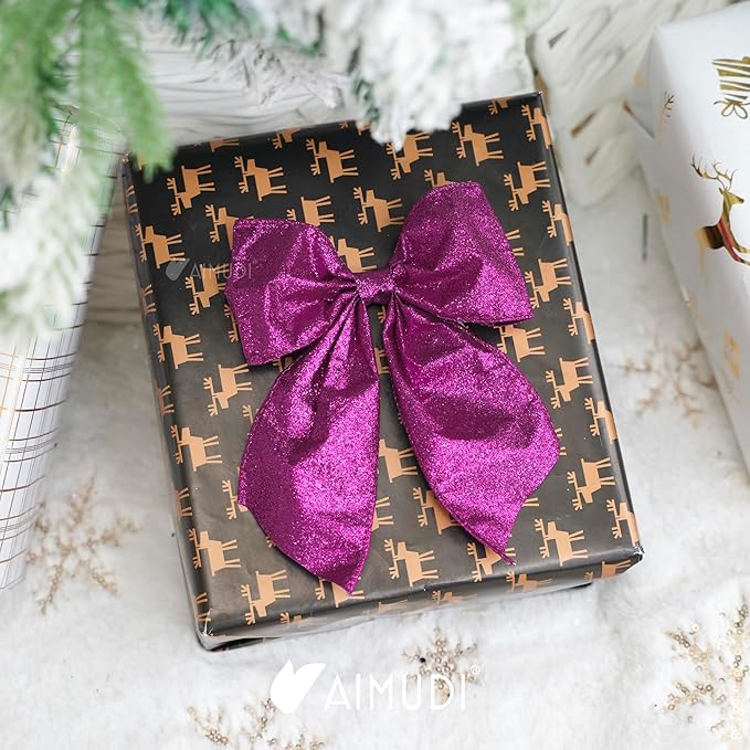 AIMUDI Purple Glitter Wired Ribbon Bows with Twist Tie 5.5" Premade Metallic Christmas Bows for Gift Wrapping, Wreath, Garland, Holiday Crafts Party Home Outdoor Christmas Tree Decorations, 12 PCs