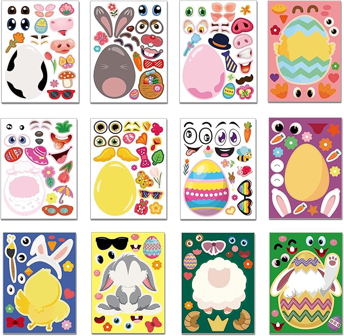 24 Sheets Easter Stickers Make a Face Stickers for Kids DIY Easter Egg Bunny Sticker Sheet for Boys Girls Children Easter Party Supplies Exchange Gifts
