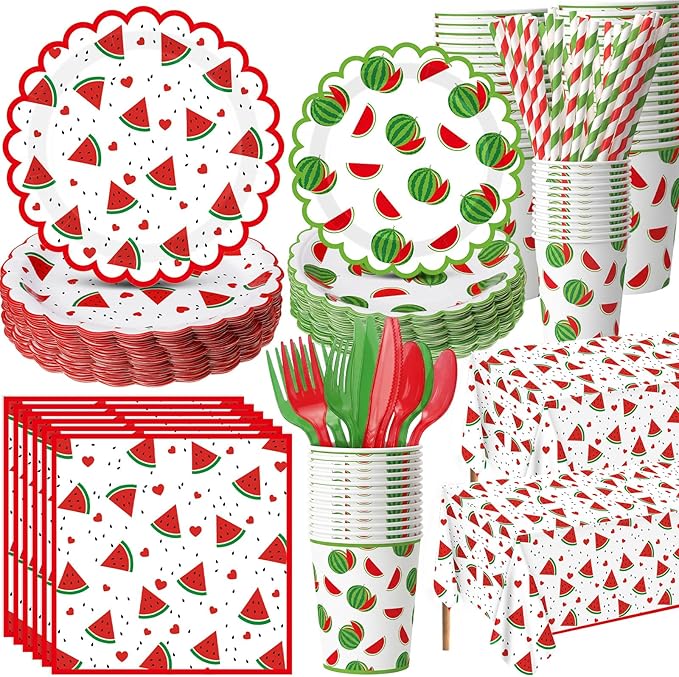 Ceenna 452 Pcs Watermelon Birthday Party Supplies for 50 Guests, Cute Fruit Paper Plates Napkins Cups Tablecloth Cutlery Straw Disposable Tableware for Summer Birthday Baby Shower Party Decoration