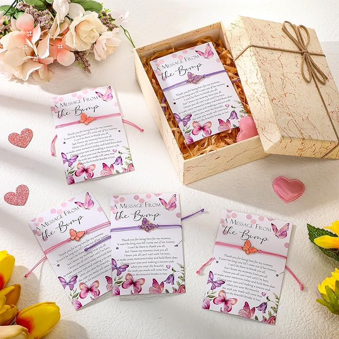 Ferreve Baby Shower Favors for Guests Bulk, 50 Pack Butterfly Wish Bracelets with “A Message from the Bump” Cards, Baby Shower Party Favors for Gender Reveal