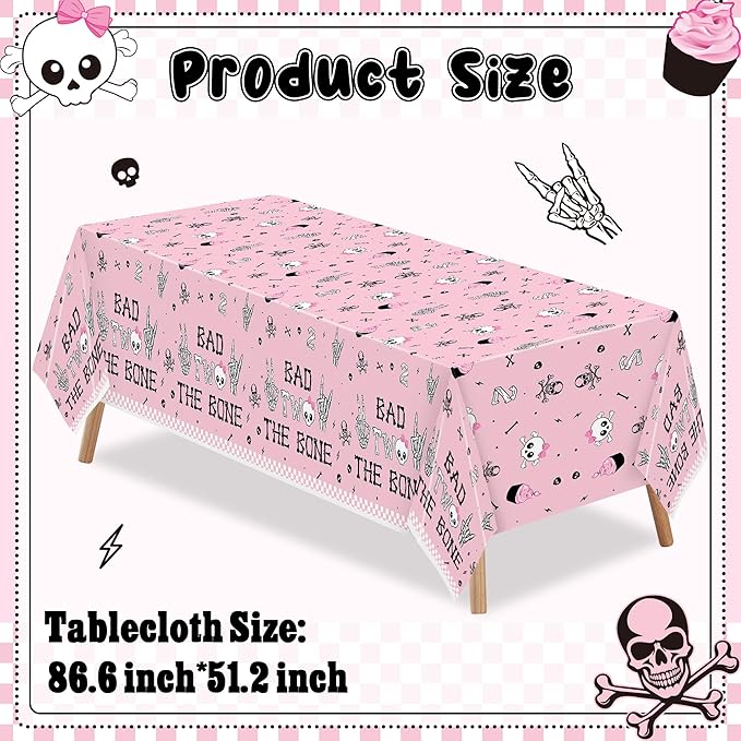 K1tpde 3PCS Bad Two The Bone Party Tablecloth for Girls, Music Themed 2nd Pink Plastic Tablecloth, Rock and Roll 2nd Disposable Table Covers for Birthday Decoration, Bad To The Skeleton Party Supplies
