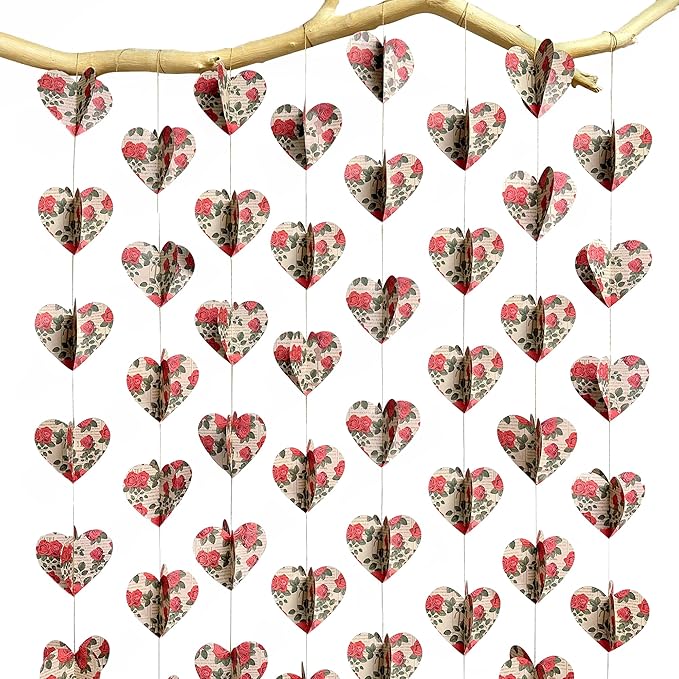 Heart Party Decorations Vintage Red Rose 3D Love Heart Newspaper Hanging Floral Recycled Book Garland Streamer Banner for Valentines Day Anniversary Birthday Wedding Engagement Holiday Party Supplies