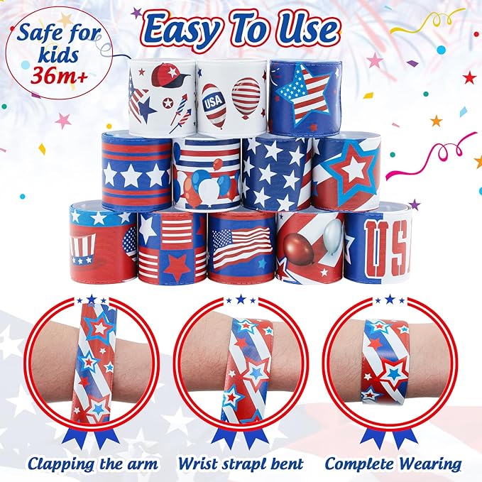 4th of July Party Favors Slap Bracelets for Kids 36PCS Red White and Blue American Flag Patriotic Snap Bracelet Bulk Independence Day Party Supplies Fourth of July Kids Toys Gifts Classroom Prizes