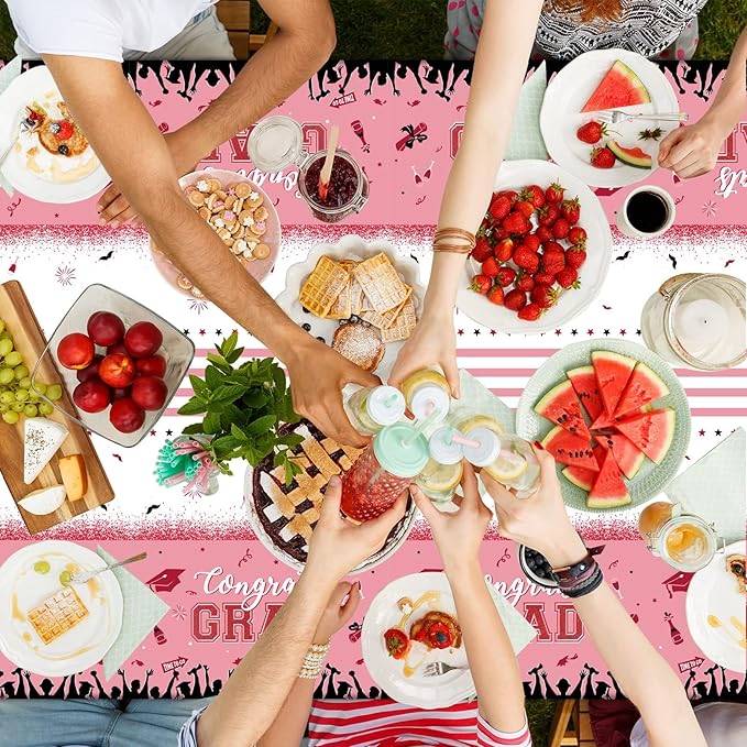 chiazllta Set of 3 Graduation Tablecloths Class of 2026 Congrats Grad Pink Graduation Party Tablecover Decorations Party Supplies Large Size Plastic 54"x108"(Pink & Gold)