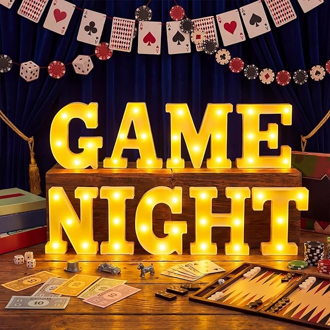 Honoson 9 Pcs Casino Theme Party Decorations Game Night Lights up LED Table Sign Decor for Game Birthday Casino Night Playing Card Family Party Supplies