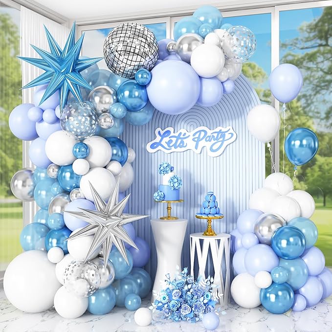 Blue White Silver Balloon Arch Garland Kit with Disco Ball Balloons Star Foil Balloons for Boys Men Disco Birthday Party Graduation Decorations