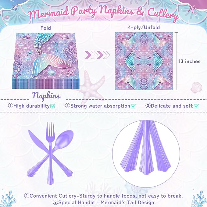 Purple Mermaid Party Tableware Supplies, 168PCS Mermaid Plates Napkins Cups and Purple Cutlery Set, 24 Set Mermaid Disposable Dinnerware Set for Birthday Party Decorations