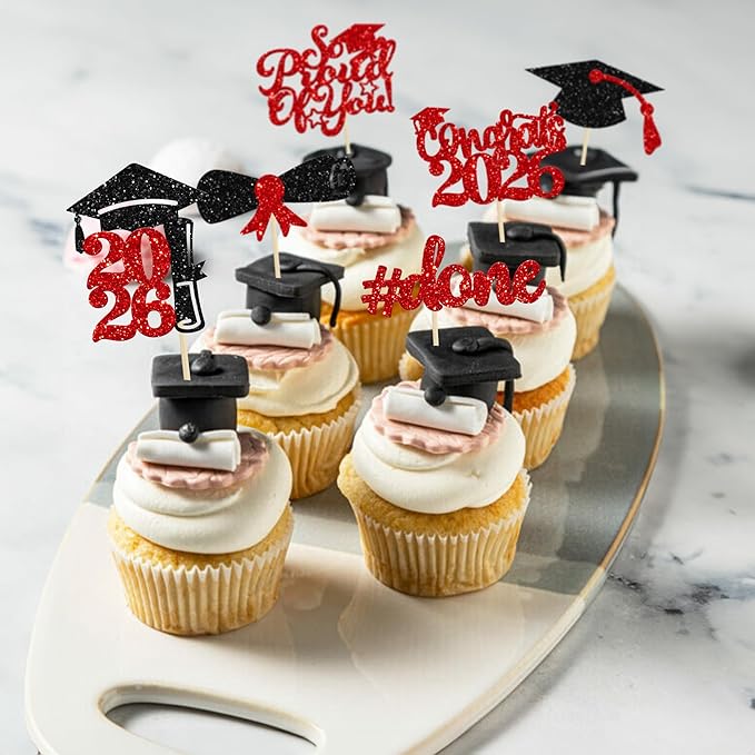 Gyufise 24Pcs 2026 Graduation Cupcake Toppers Glitter Congrats Class of 2026 Diploma Done Grad Cap So Proud of You Cupcake Picks So Proud of you Cake Decoratiosn Red