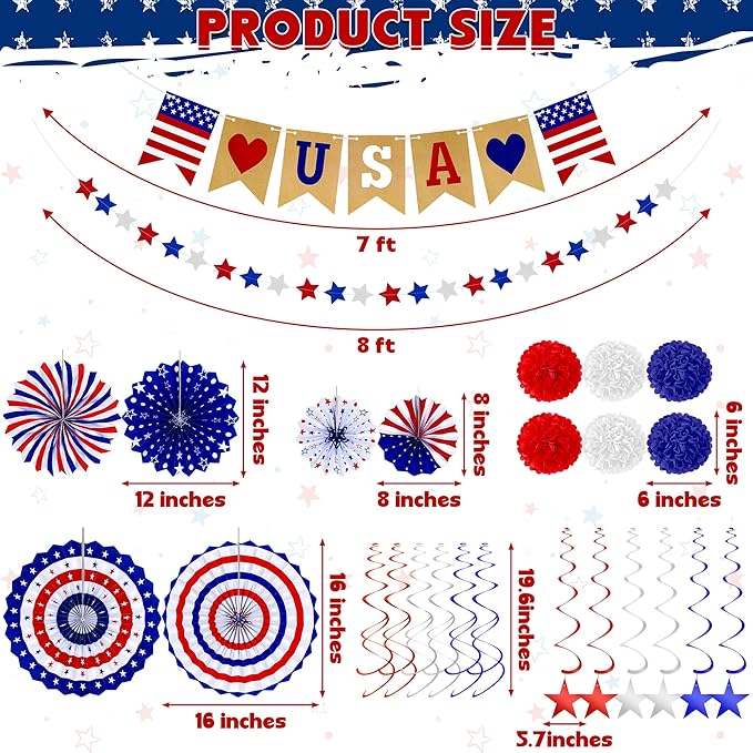 26 PCS 4th of July Decorations, 250th Memorial Day Red White Blue Paper Fans Decorations, 4th of July Banner Pompom Garland and Hanging Swirls Set for Fourth of July Independence Day Decor