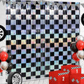 4 Pack 3.3Ft x 6.6Ft Race Car Checkered Foil Fringe Curtain Backdrop Decorations, Black Iridescent Metallic Tinsel Foil Streamers Curtain Photo Booth for Race Car One Happy Dude Birthday Party Decor